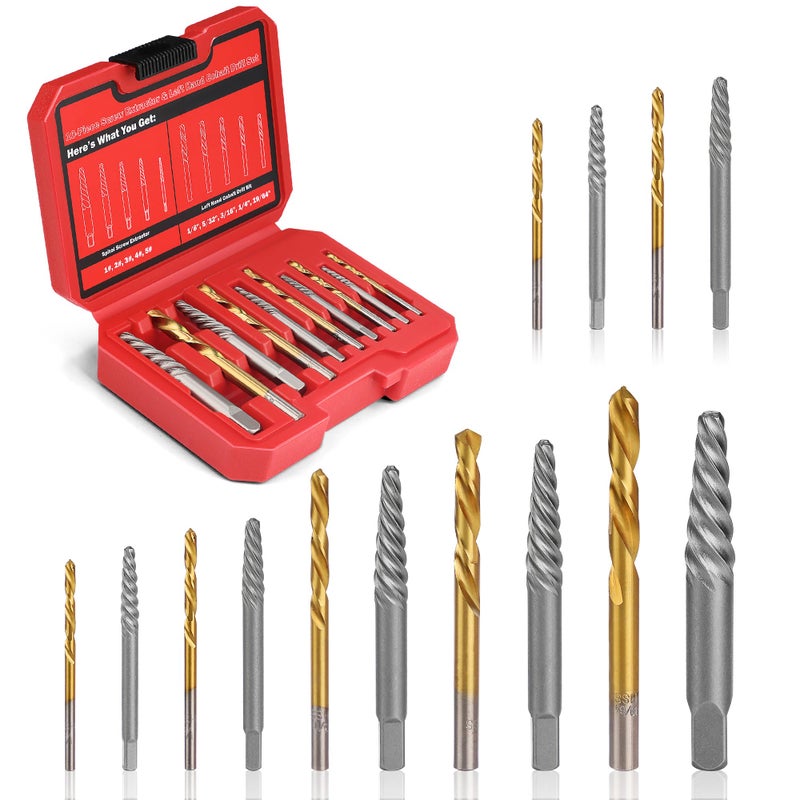 UYECOVE 14 Pieces Screw Extractor Set  35# Cr-Mo & 6542 HSS Steel Cobalt Left Hand Drill Bits Set for Removing Stripped Screws and Broken Bolts Ez Out Screw Extractor Set Broken Bolt Extractor Kit - Image 1